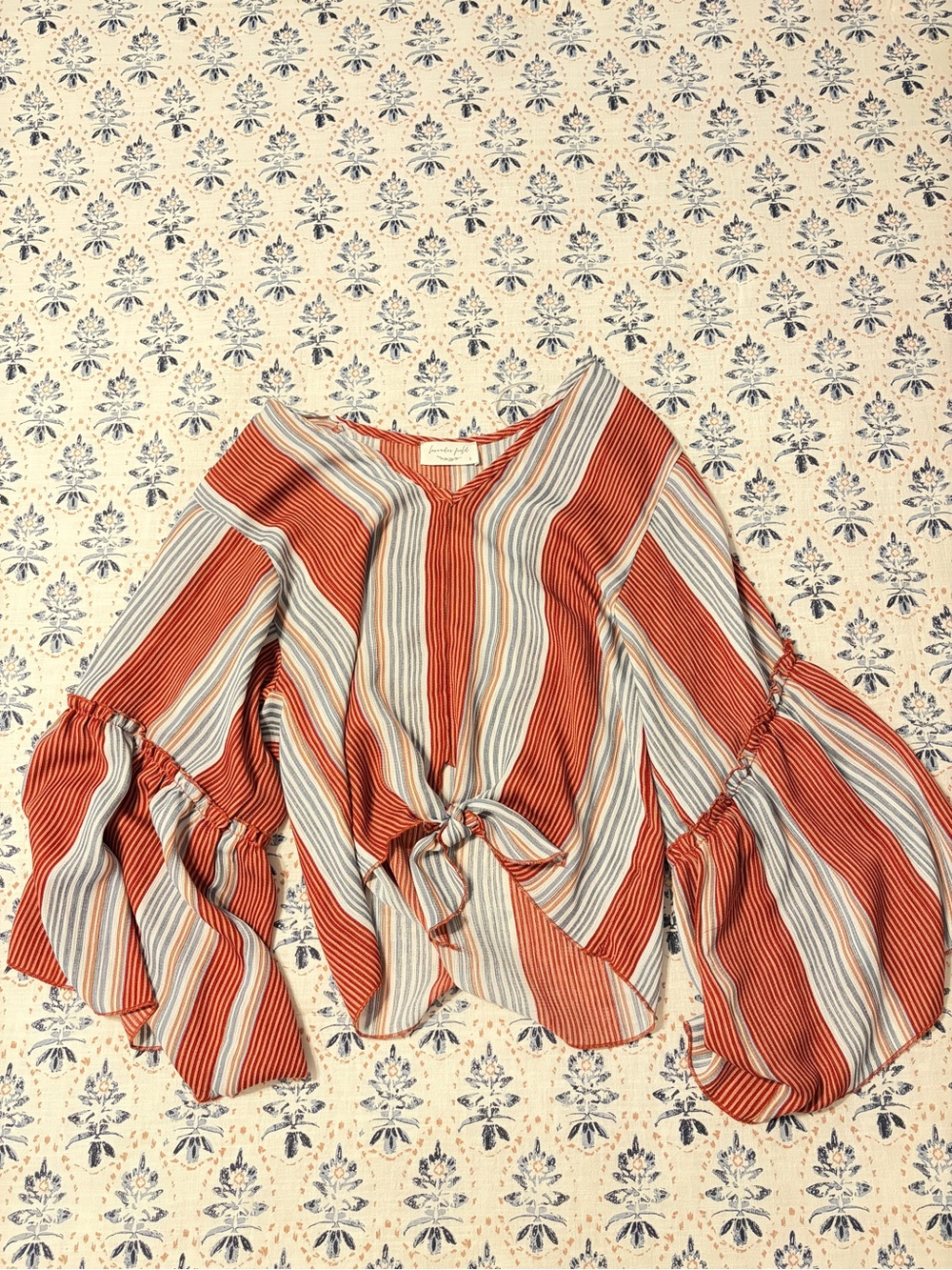 lavender field Rust & Cream Striped Tie-Front Blouse